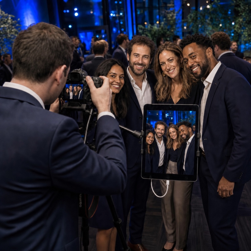 Professionele fotograaf schiet via een camera- en tabletopstelling sfeerbeelden tijdens een levendig event