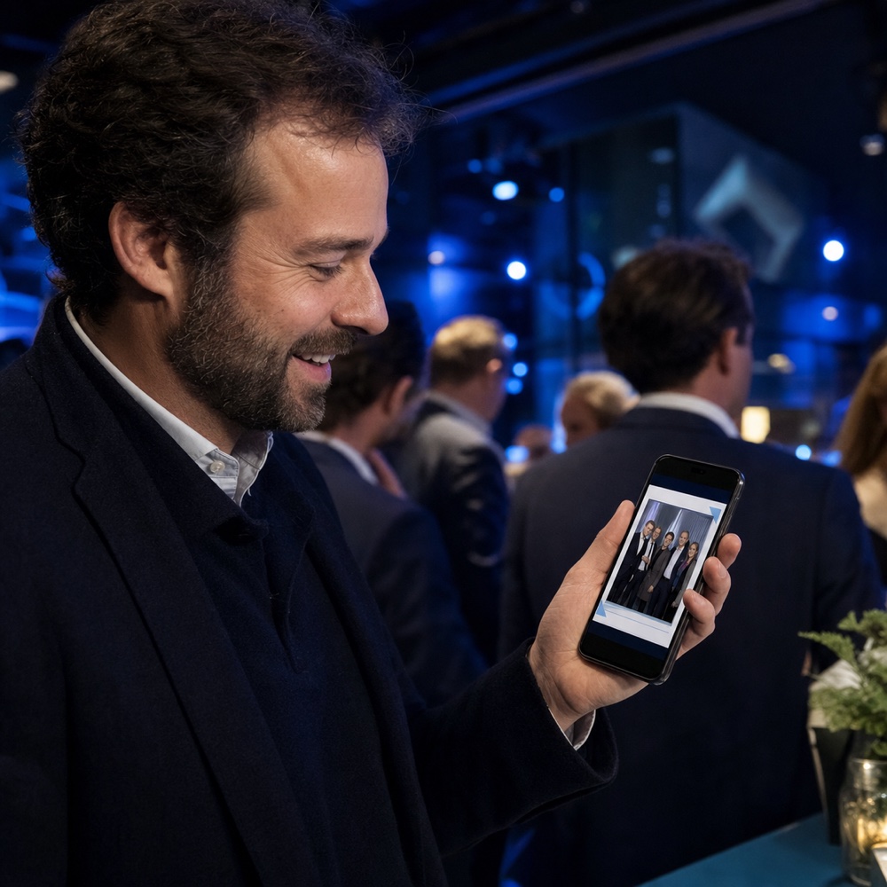 Gast bekijkt een persoonlijke branded eventfoto op de telefoon