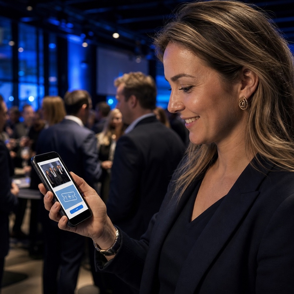 Gast ziet na de persoonlijke eventfoto een configureerbare sponsor-aanbieding